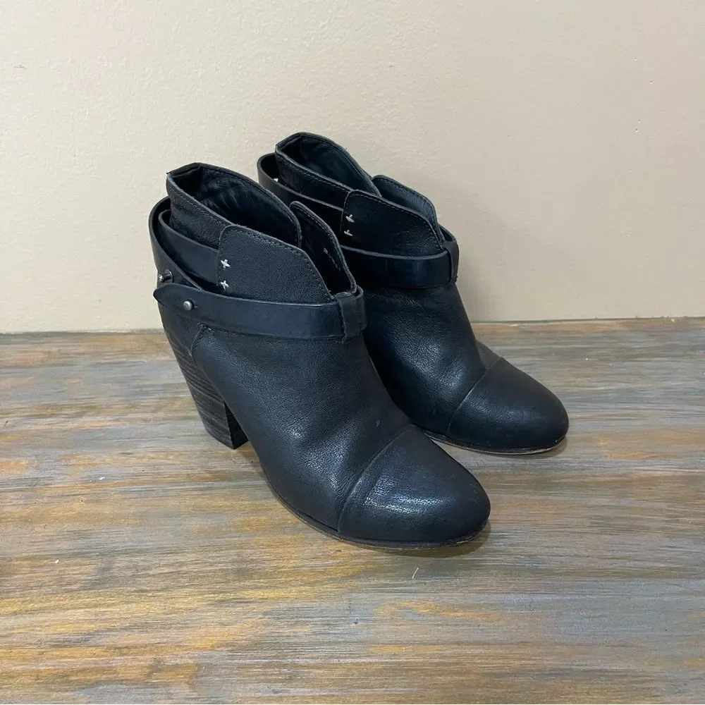 Rag & Bone Harrow Chunky Heel Ankle Booties Black Leather Straps Womens 8.5